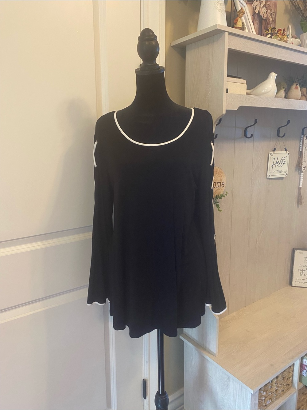 Black Long-SleeveTop with White Trim and Laced Sleeves